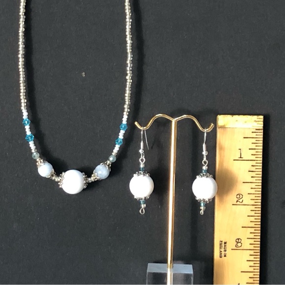 HAND CRAFTED Upcycled Blue White Silver Necklace earring set Feminine Delicate - Picture 13 of 14